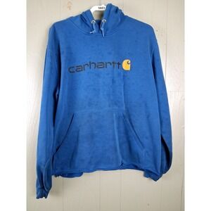 Carhartt Original Fit Hoodie Sweatshirt Mens L Blue Distressed Thrashed Workwear
